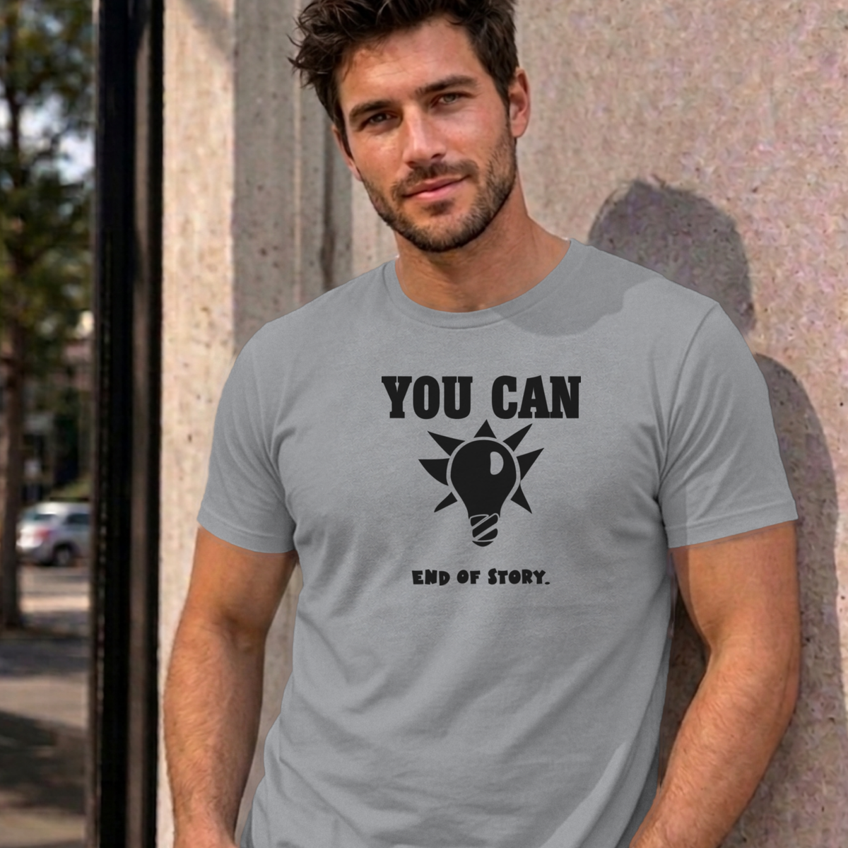 Man wearing the sport grey You Can Light Bulb graphic tee