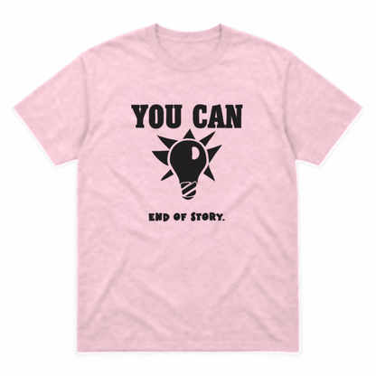 You Can Light Bulb graphic tee in light pink with black print, front view