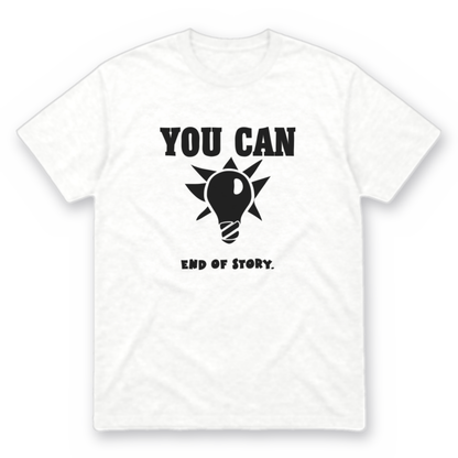 You Can Light Bulb graphic tee in white with black print, front view